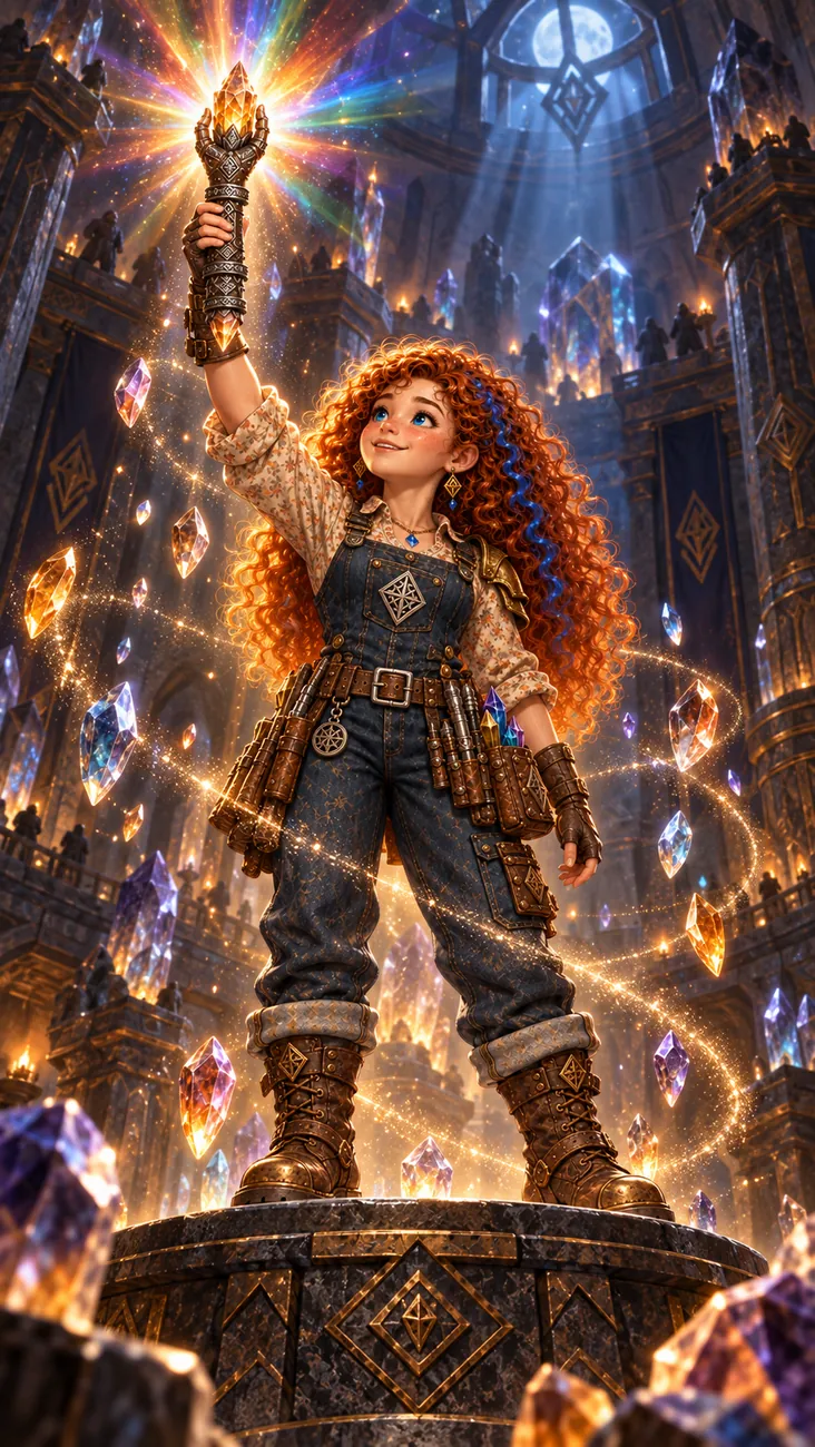Maitê raising the awakened Jasper Hand as crystals light up around her.