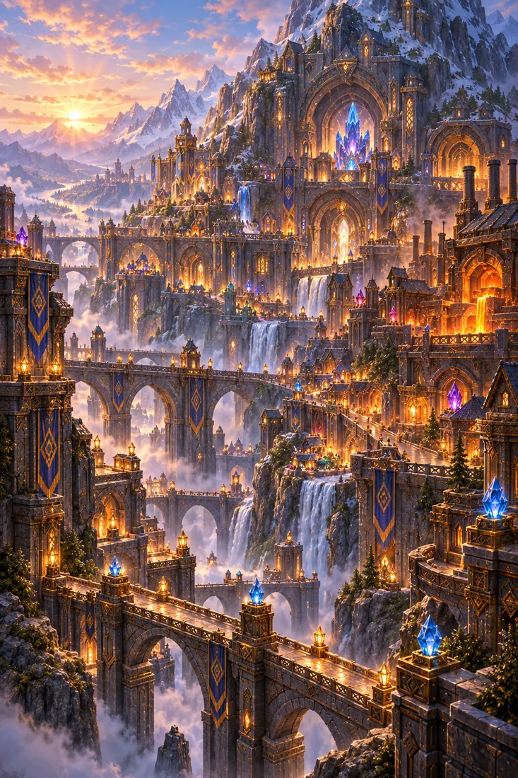 The dwarf city, built into the mountain above waterfalls.