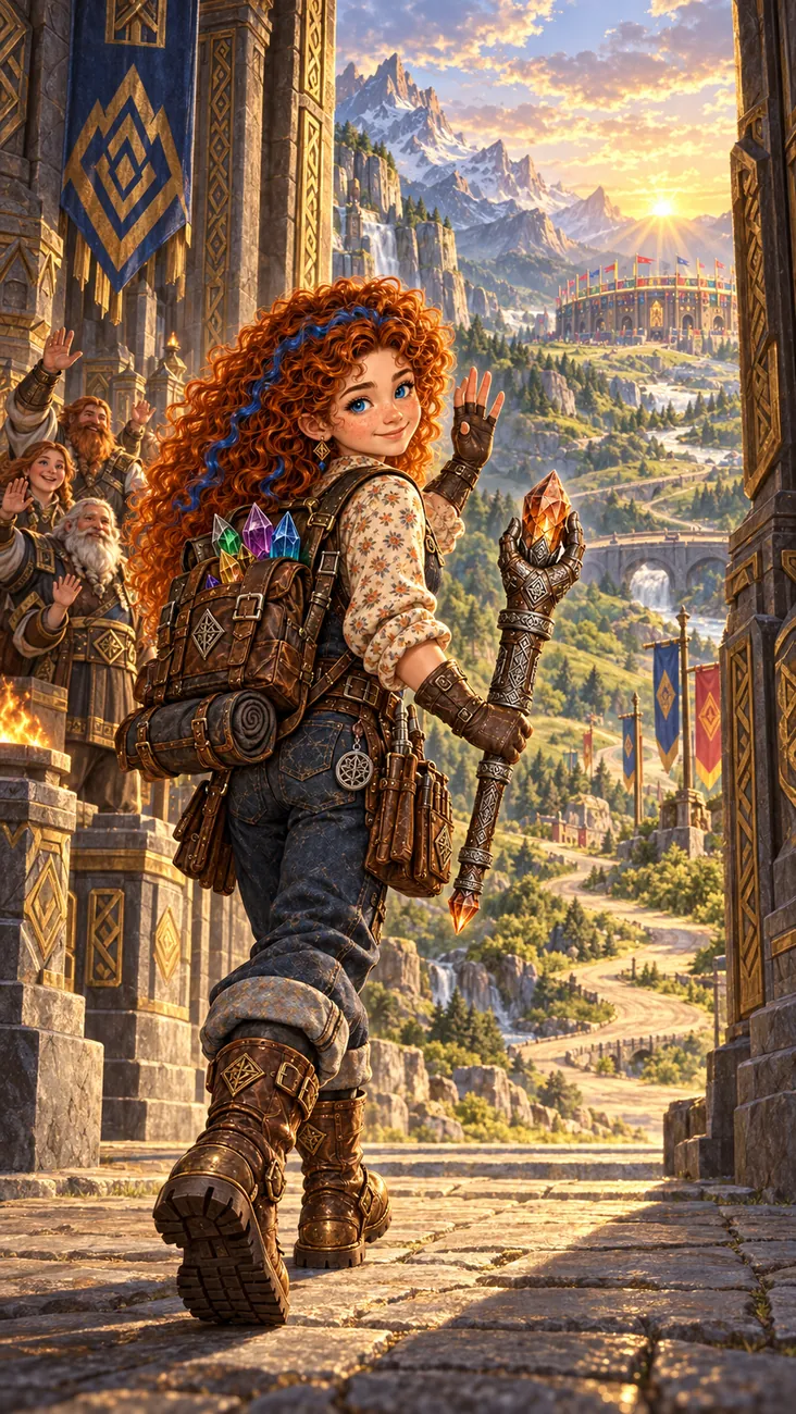 Maitê walking out of the city with her pack, the road winding into the mountains.