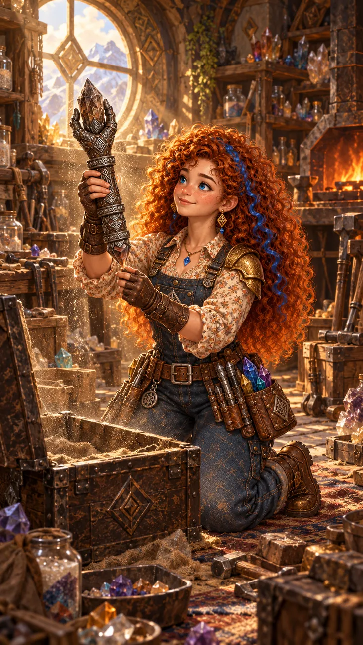 Maitê kneeling by an open chest, holding the Jasper Hand she has just found.