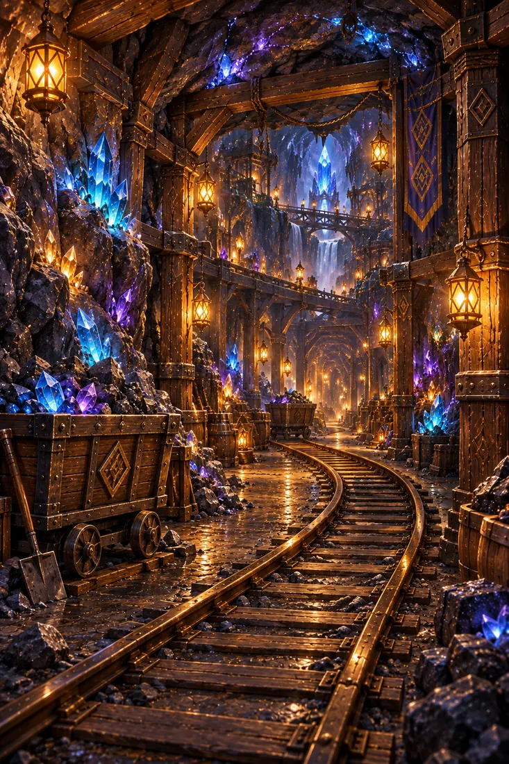 Rails running into a mine lit by lanterns and blue crystals.