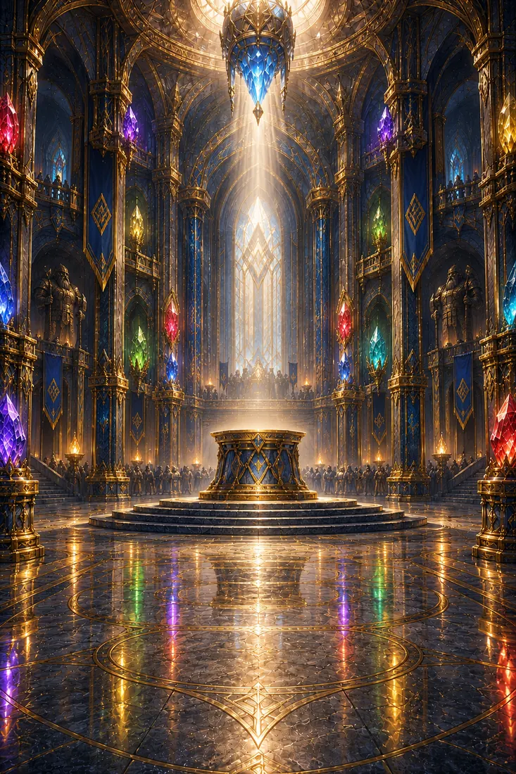 The Great Crystal Hall, with a lit pedestal at its centre.